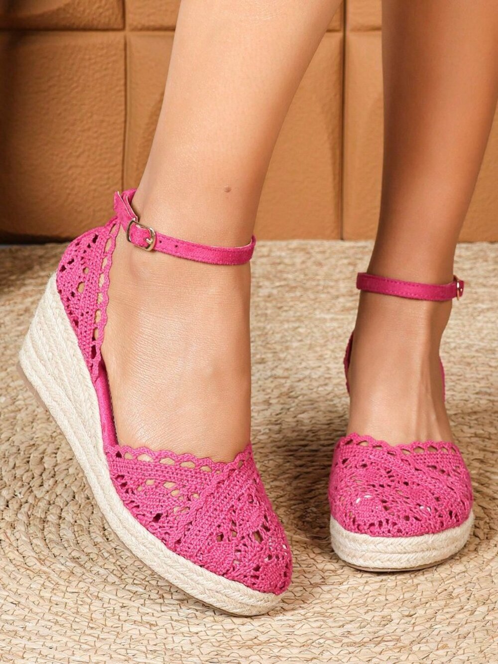 Pink Bohemian Women's Lace Platform Ankle Strap Wedge Heels